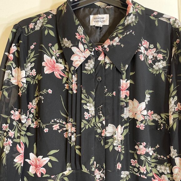 Unique Vintage - Black Floral Chiffon Dress - Size XL/14 - Picture 3 of 9